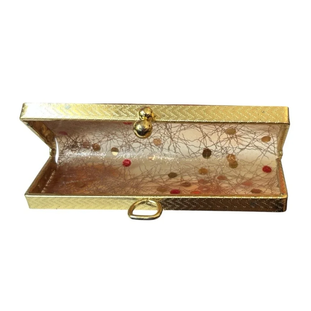 Vintage Hard Plastic Eyeglass Case Metal Snap Closure Gold Thread Dots 6